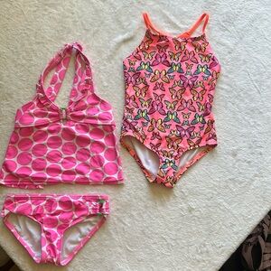 Pink and white polkadot and butterfly print bathing suit set